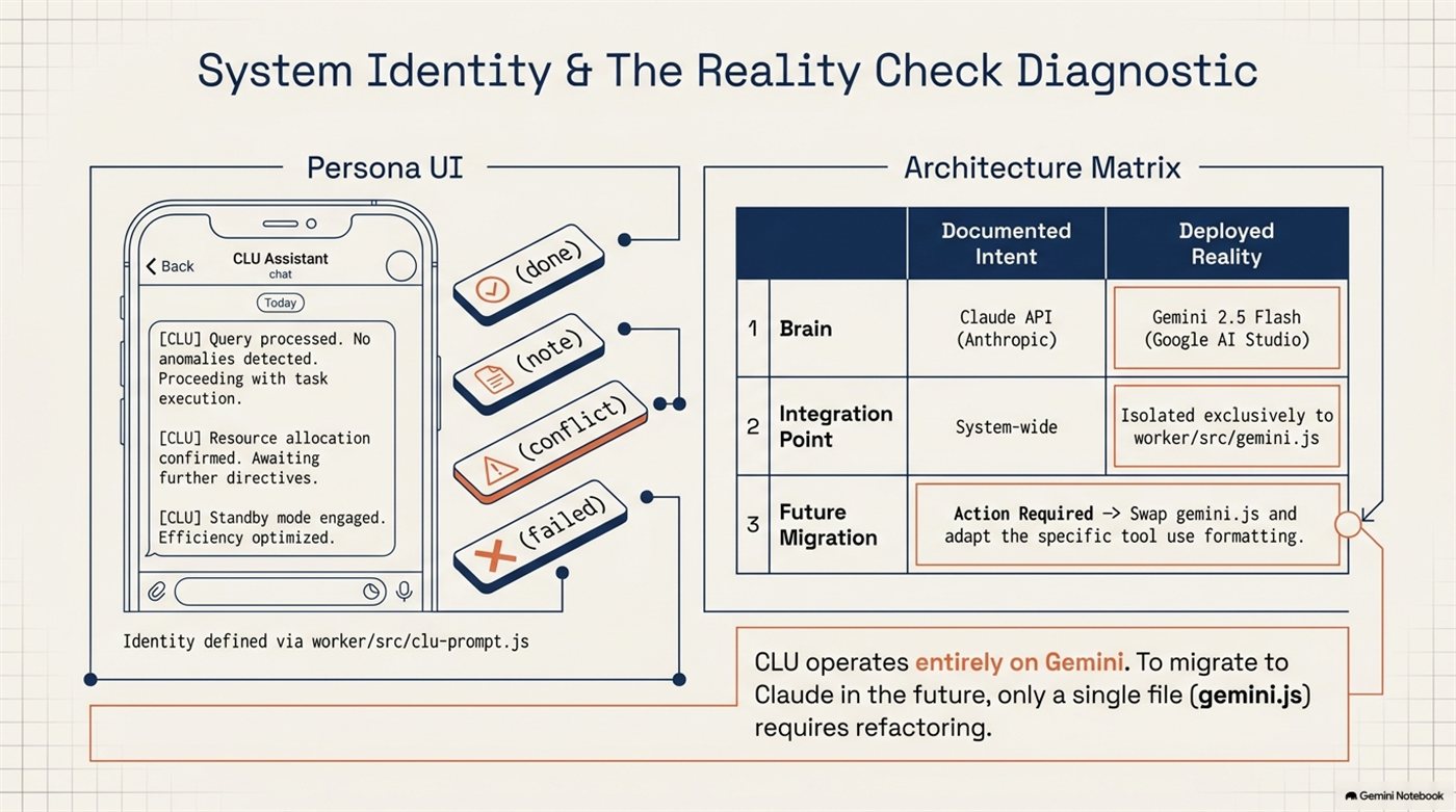 Architecture matrix comparing documented intent against deployed reality, showing the brain is Gemini rather than the documented Claude