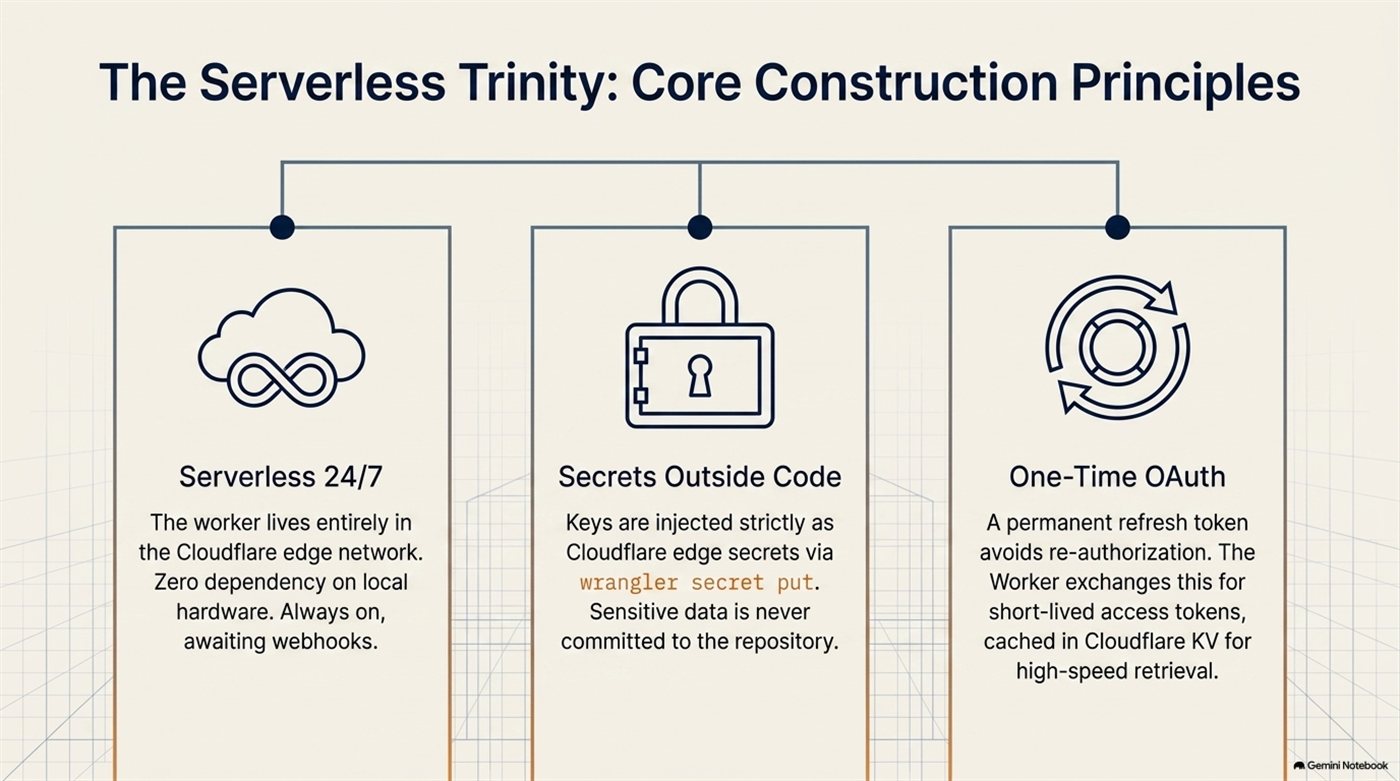 Three core principles: serverless 24/7, secrets outside code, one-time OAuth